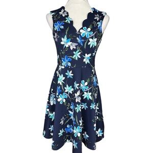 Wisp Dress Womens Size 8 Navy Blue Floral Fit & Flare Sleeveless V-Neck